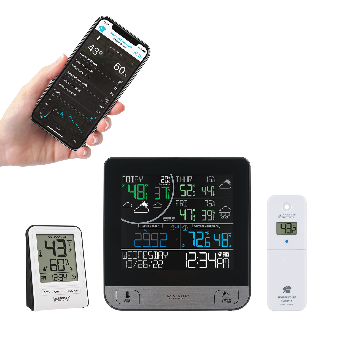 1684344 C74443 Weather Station Bundle with display, outdoor temperature and humidity sensor, bonus station, and phone showing the La Crosse View app.