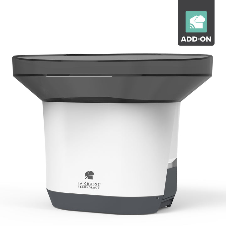 La Crosse Technology alert and montioring system rain gague sensor with wide dark gray collection funnel and a white base
