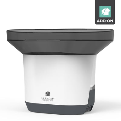 La Crosse Technology alert and montioring system rain gague sensor with wide dark gray collection funnel and a white base