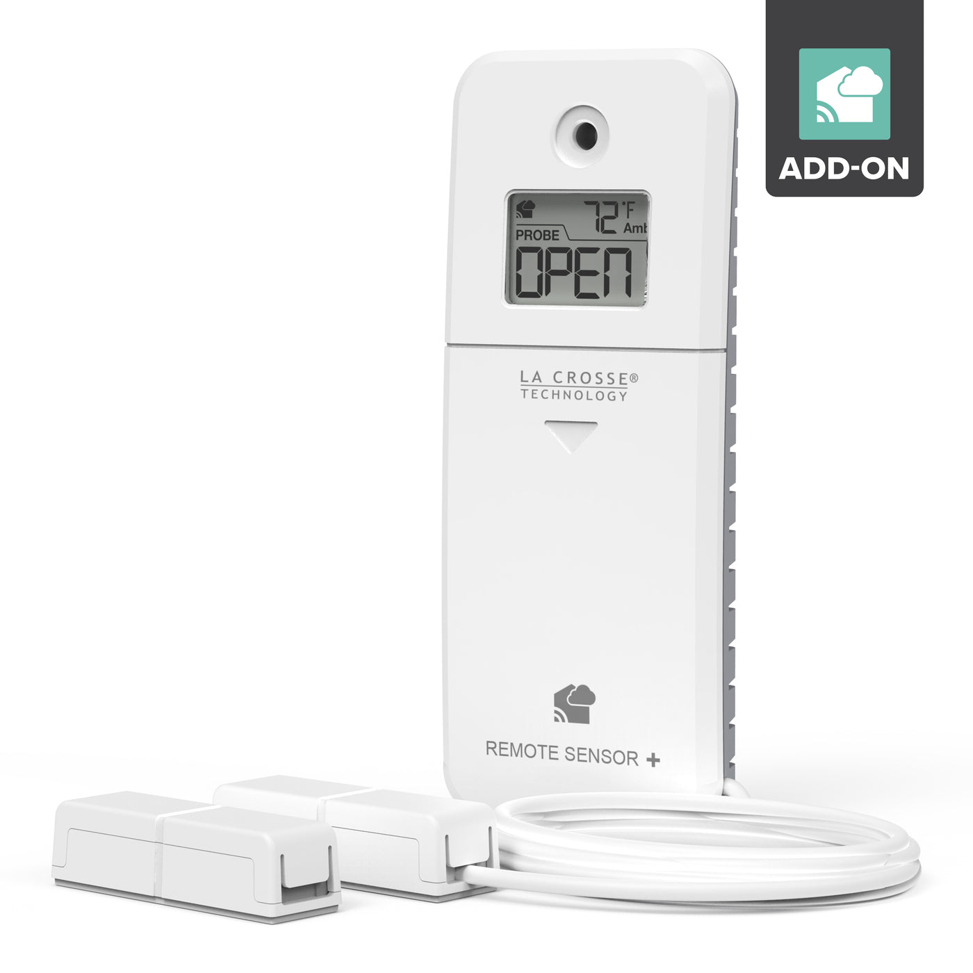 White magnetic open close sensor with digital display showing open statuw and ambient temperature