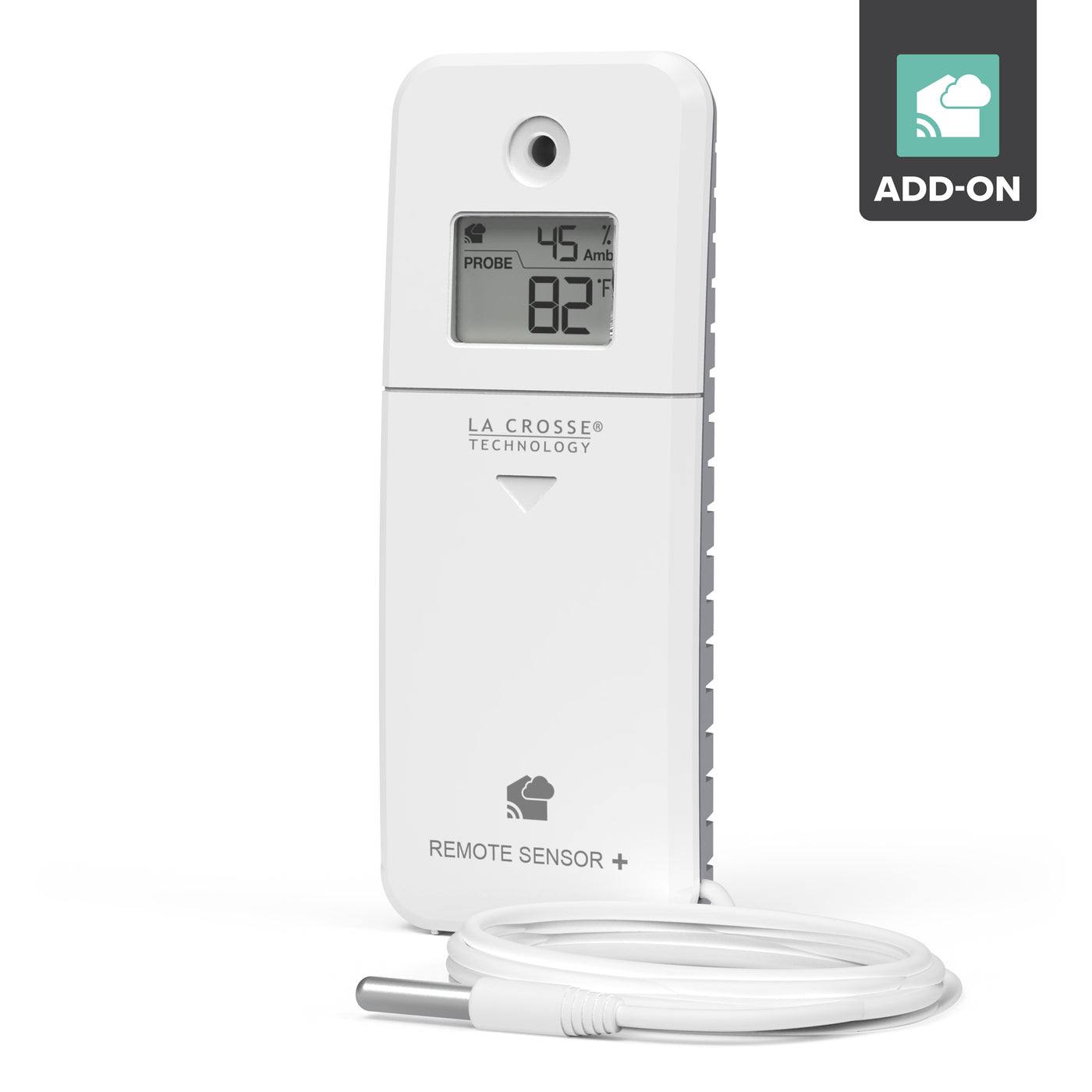 La Crosse Technology alert and monitoring system White remote sensor with attached temperature  probe and digital display showing ambient humidity
