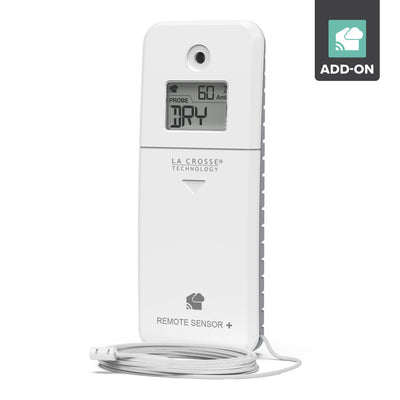 La Crosse Technology alert and monitoring system white digital water area leak sensor with display showing DRY and ambient humidity