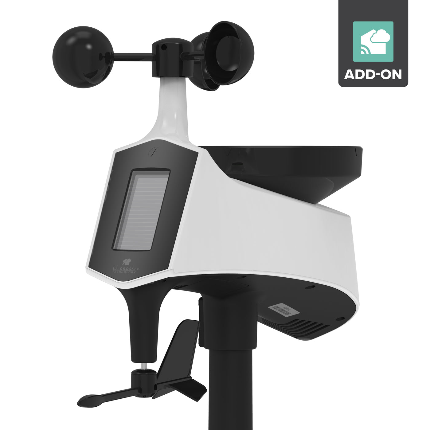 La Crosse Technology alert and monitoring system wind and rain sensor with an anemometer, weather vane, rain collection bucket, and solar panel in white and black