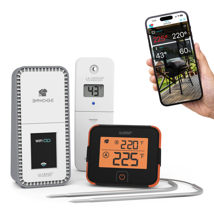 BBQ Boss alert and monitoring system with dual probes to monitor two things at one time includes an indoor outdoor sensor to keep an eye on the temperature and humidity of the environment works with a Bridge gateway and the La Crosse View app