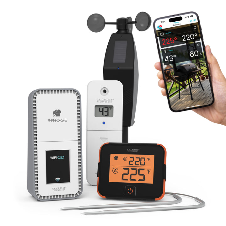 BBQ Boss pro alert and monitoring system with dual probes to monitor two meat or gril temperatures at one time includes an indoor outdoor sensor to keep an eye on the temperature and humidity of the environment and a glide wind direction sensor works with a Bridge gateway and the La Crosse View app
