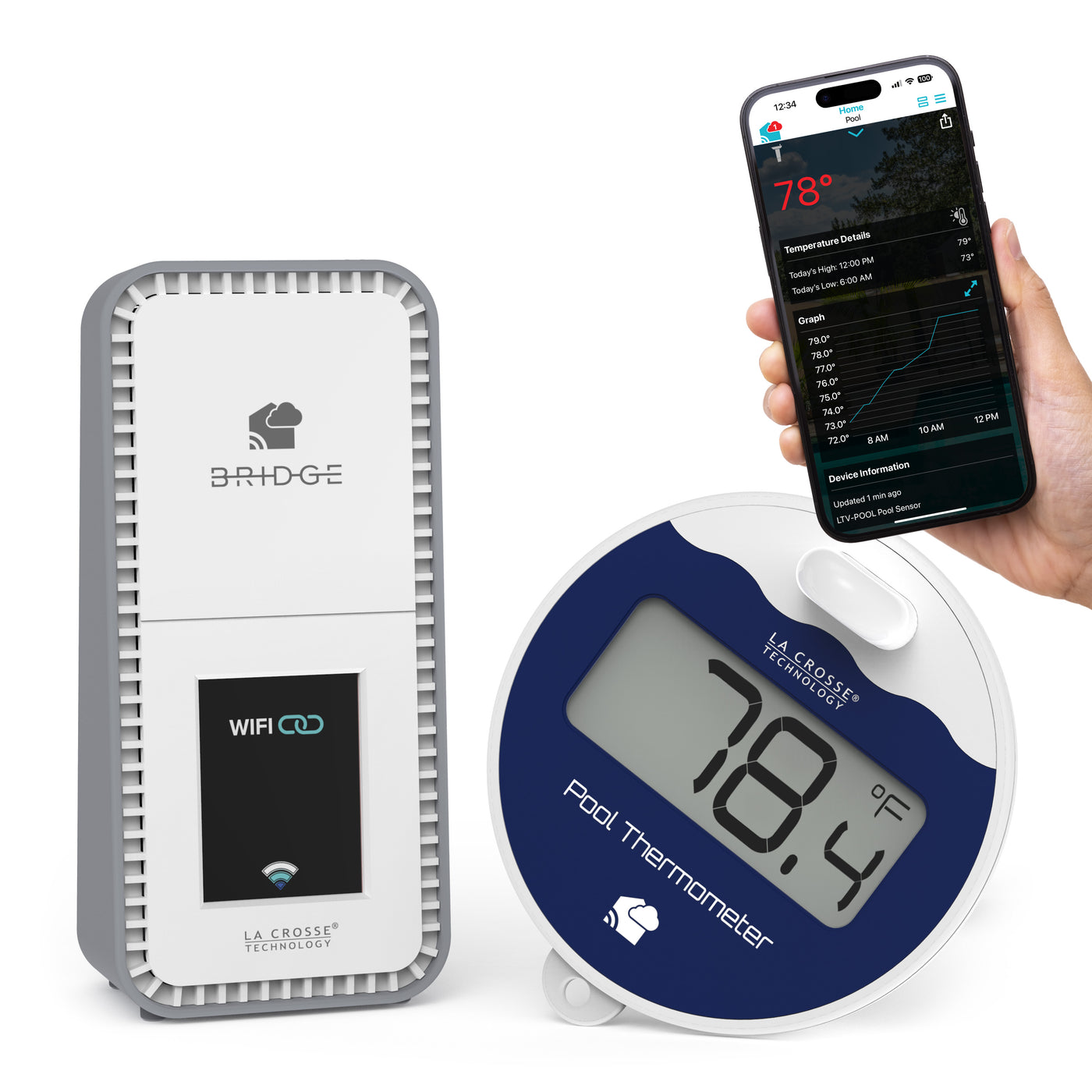 Pool Preserver alert and monitoring system offers a simple system to monitor your pool temperature with a pool sensor with a LCD screen showing the temperature and combined with the Bridge gateway and the La Crosse View app