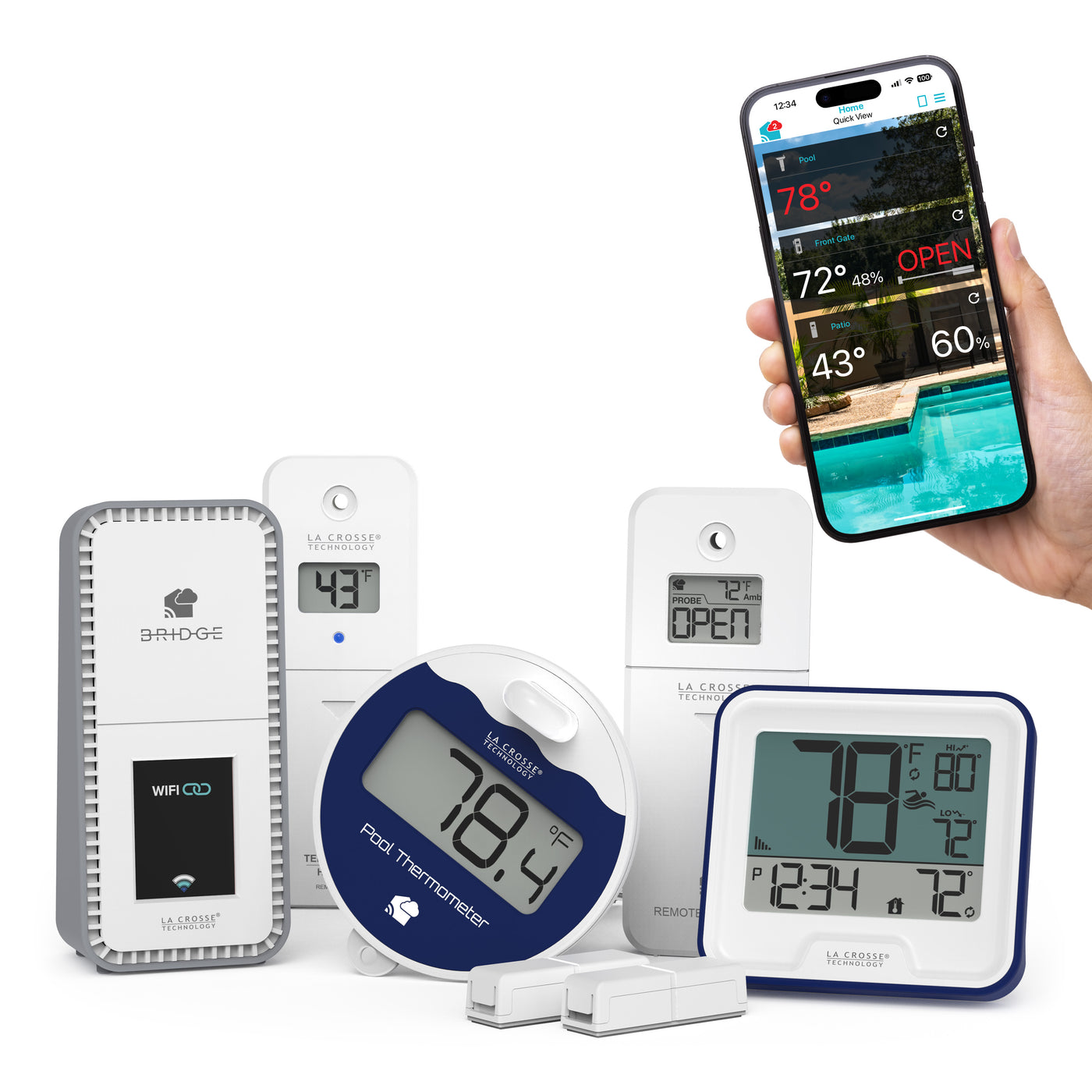 Pool Preserver alert and monitoring system offers the ability to monitor your pool temperature and backyard conditions without the need to step outside, this system includes a pool sensor, indoor display, indoor outdoor temperature and humidity sensor, and a contact sensor for peace of mind, combined with the Bridge gateway and the La Crosse View app