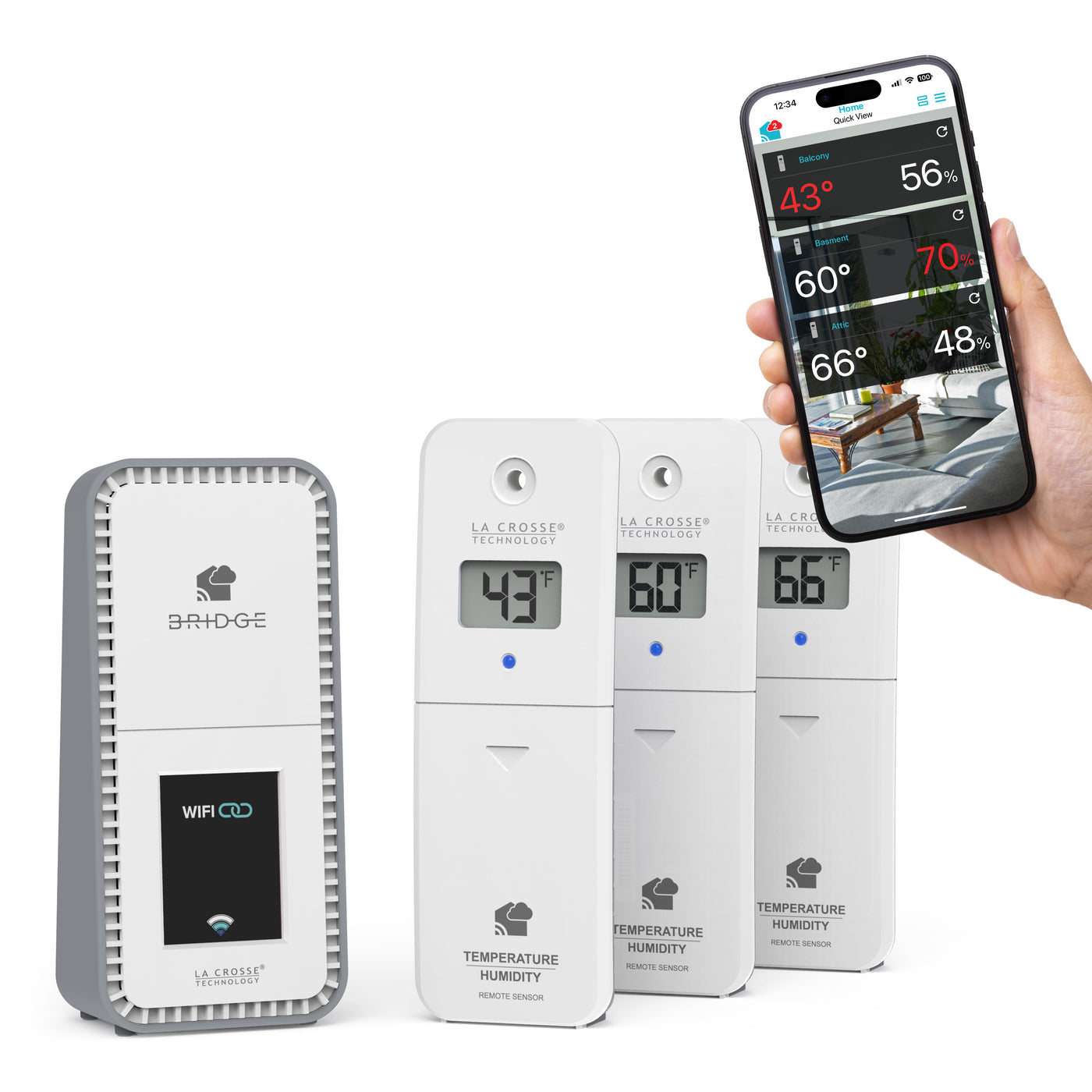 Temp Tracker alert and monitoring system offers the ability to monitor multiple areas of your home inside and out with 3 temp and humidity sensors all sensors work with the Bridge gateway and the La Crosse View app