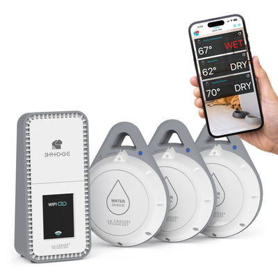 Leak Geek alert and monitoring system helps detect water in trouble spots with 3 spot water detection sensors the sensors work with the Bridge gateway and the La Crosse View app