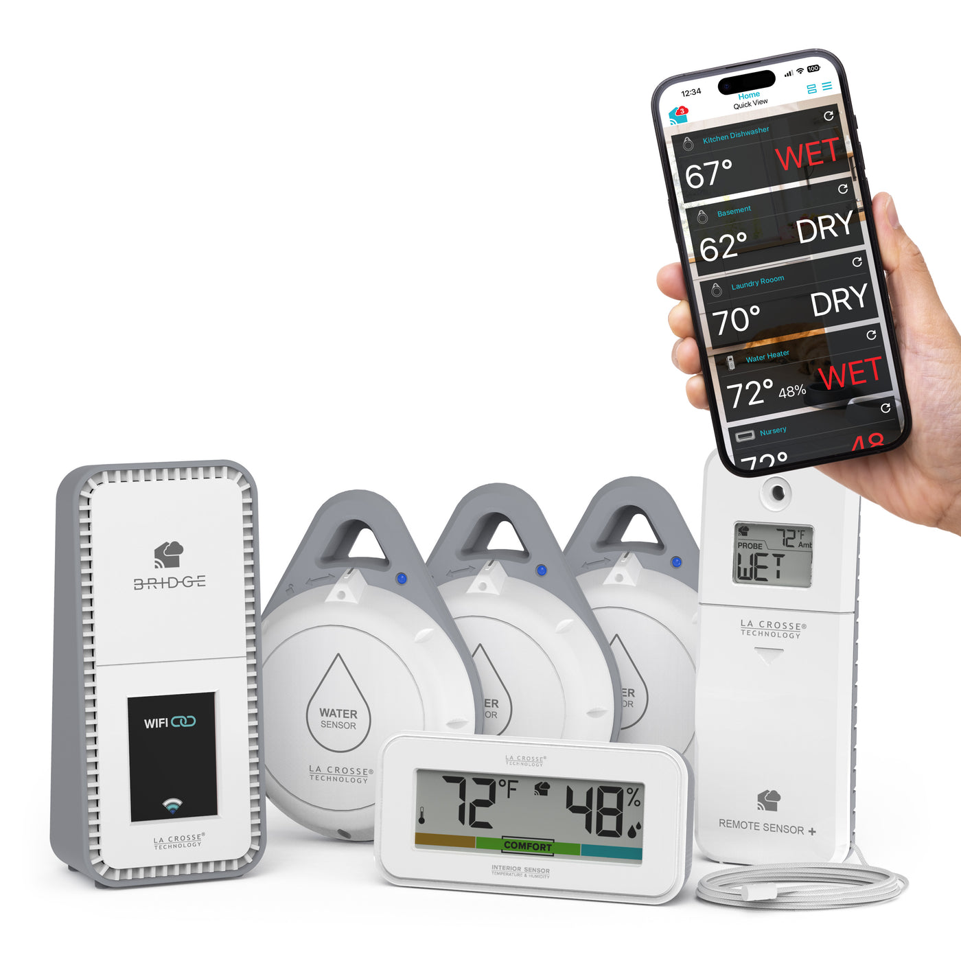 Leak Geek alert and monitoring system has 3 spot detection and 1 area detection sensors that detect water in multiple troubled areas  works with the Bridge gateway and the La Crosse View app