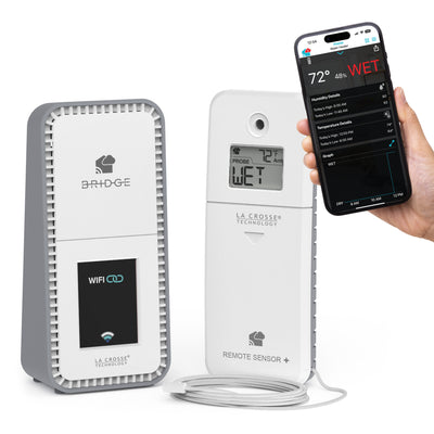 Leak Geek alert and monitoring system has a water detection sensor that detects water along the entire length of the braided cable through a temp and humidity sensor works with a Bridge gateway and the La Crosse View app