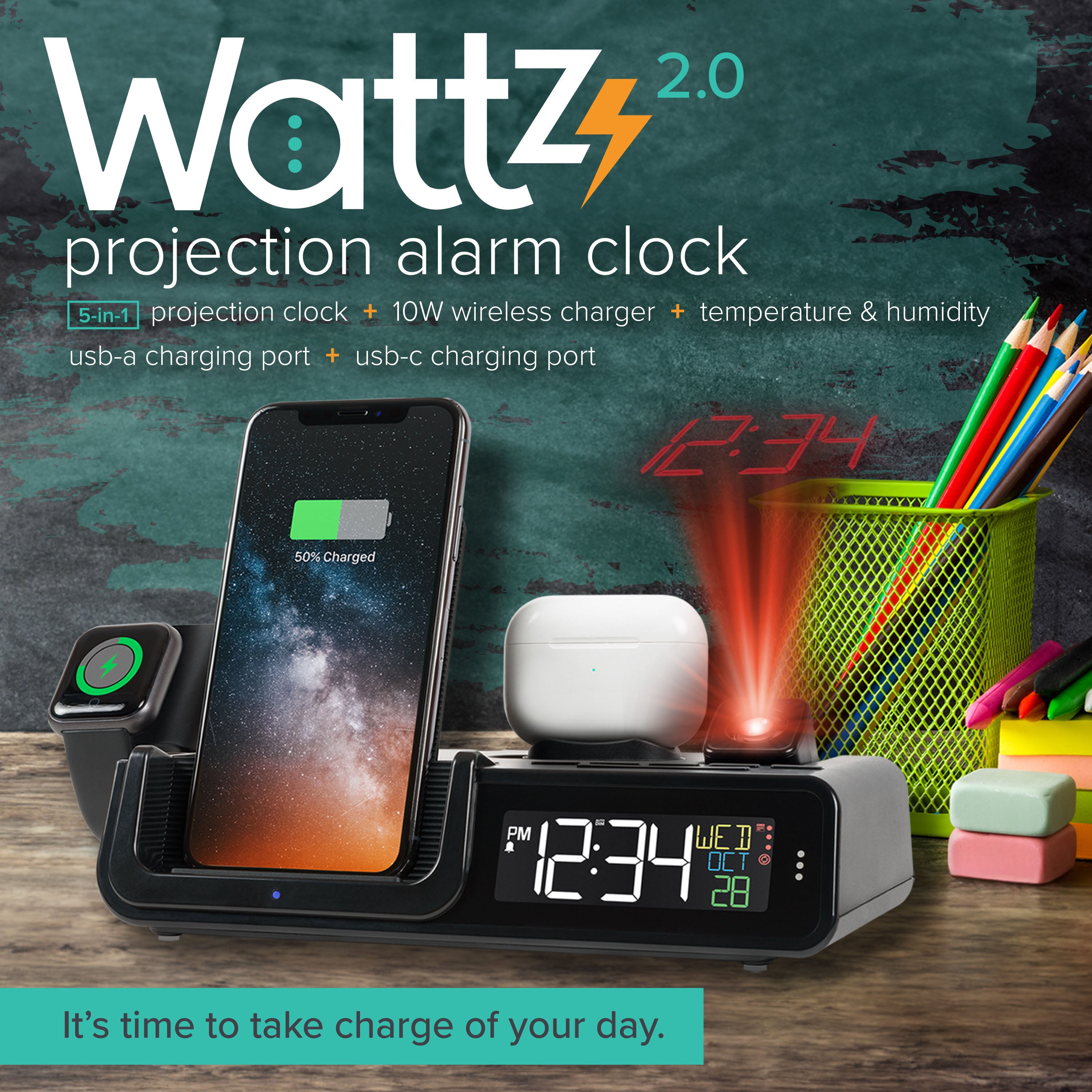 616-1413R-10W Wattz 2.0 Projection Alarm Clock