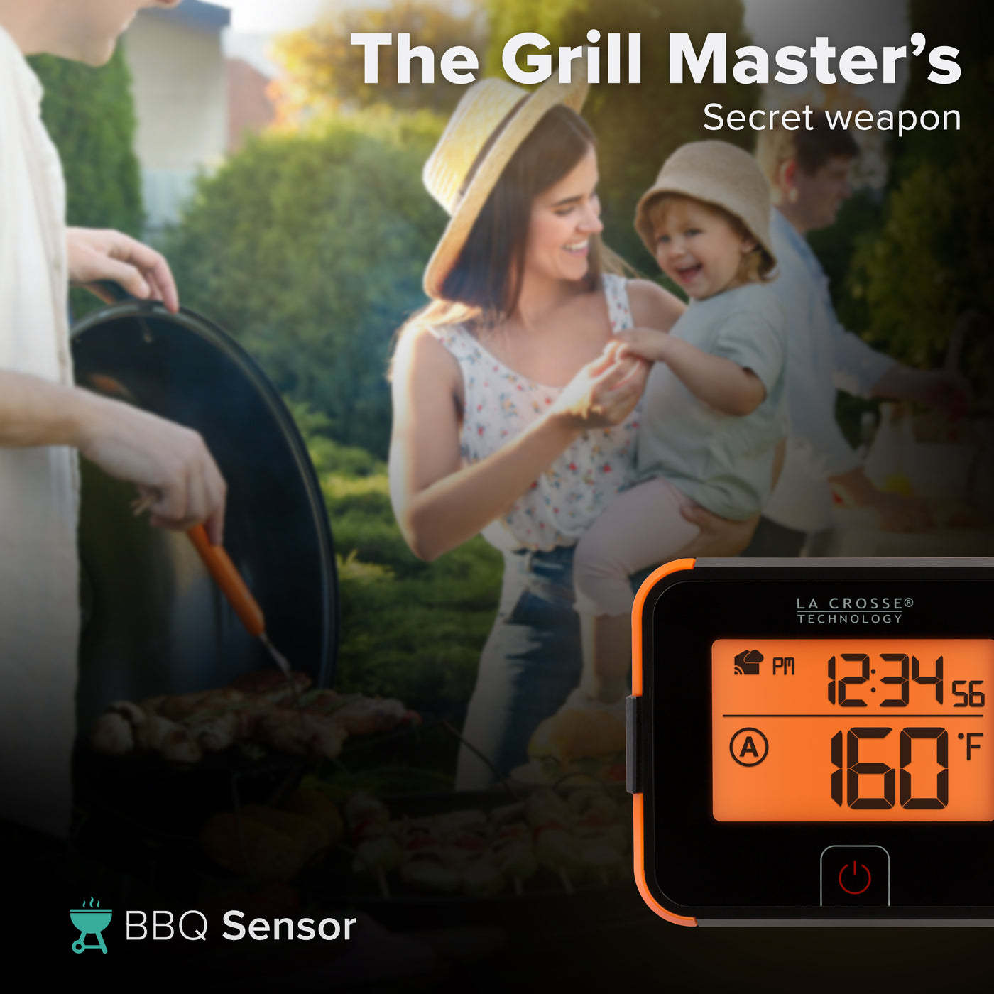 Alert and monitoring system with a black and orange barbeque sensor in the foreground with an orange display that reads 160 degrees Fahrenheit and the time as 12:34 pm the background shows a backyard in the summer with a young woman holding a toddler while a man is grilling
