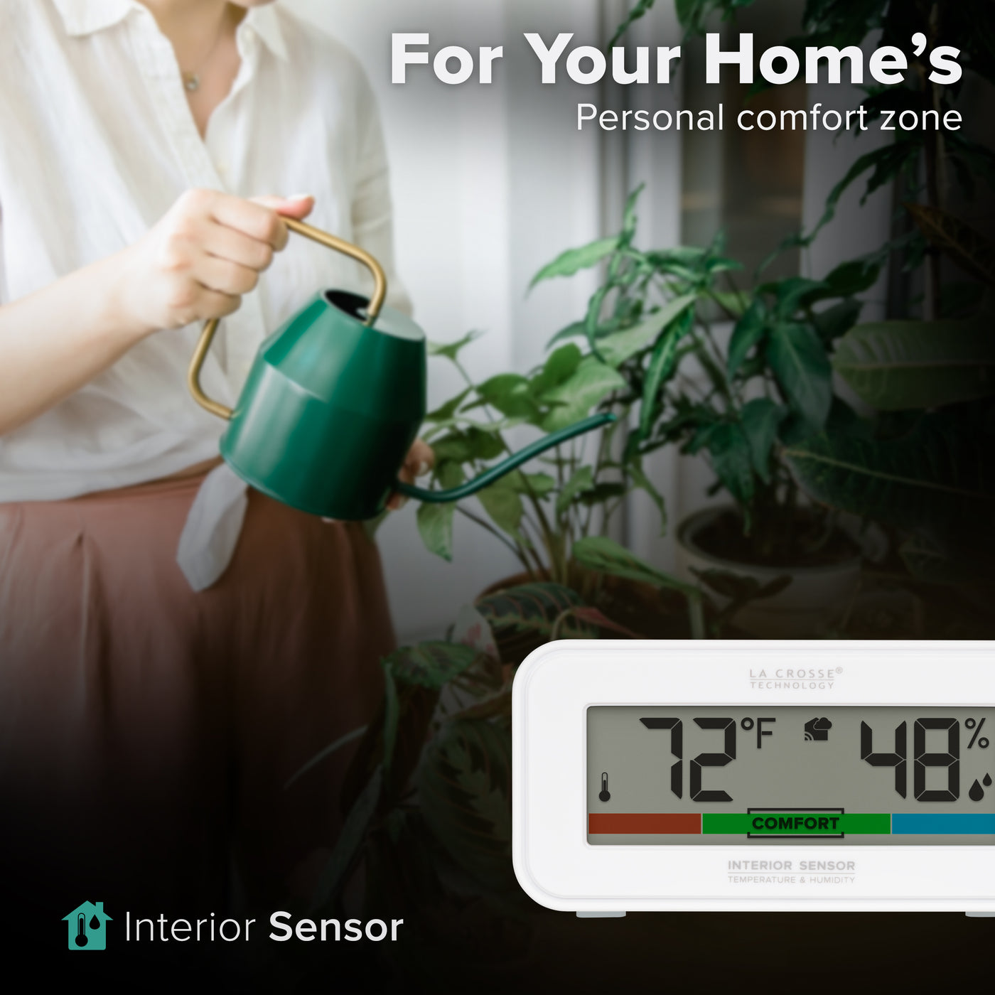 La Crosse Technology alert and monitoring system interior sensor with comfort meter shown with a woman watering plants in the background