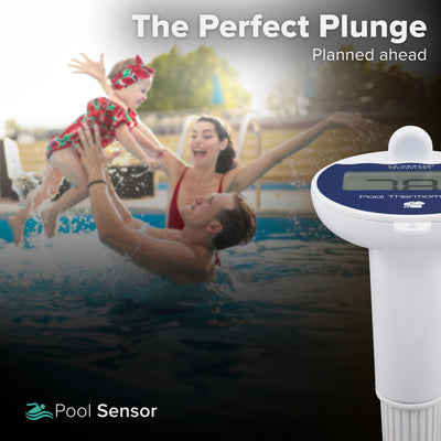 Alert and monitoring pool sensor in the foreground with the background showing a female and a male holding a little girl dressed in a red and green swimming costume depicting a family enjoying splashing and smiling in a backyard underground swimming pool