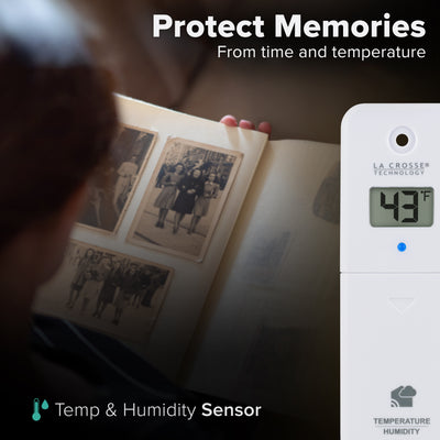 Alert and monitoring Digital temperature and humidity sensor for wi-fi weather stations and gateways that has an LCD display that shows a reading of 43 degrees Fahrenheit in the foreground with text with an image of a person looking at a scrapbook in an attic