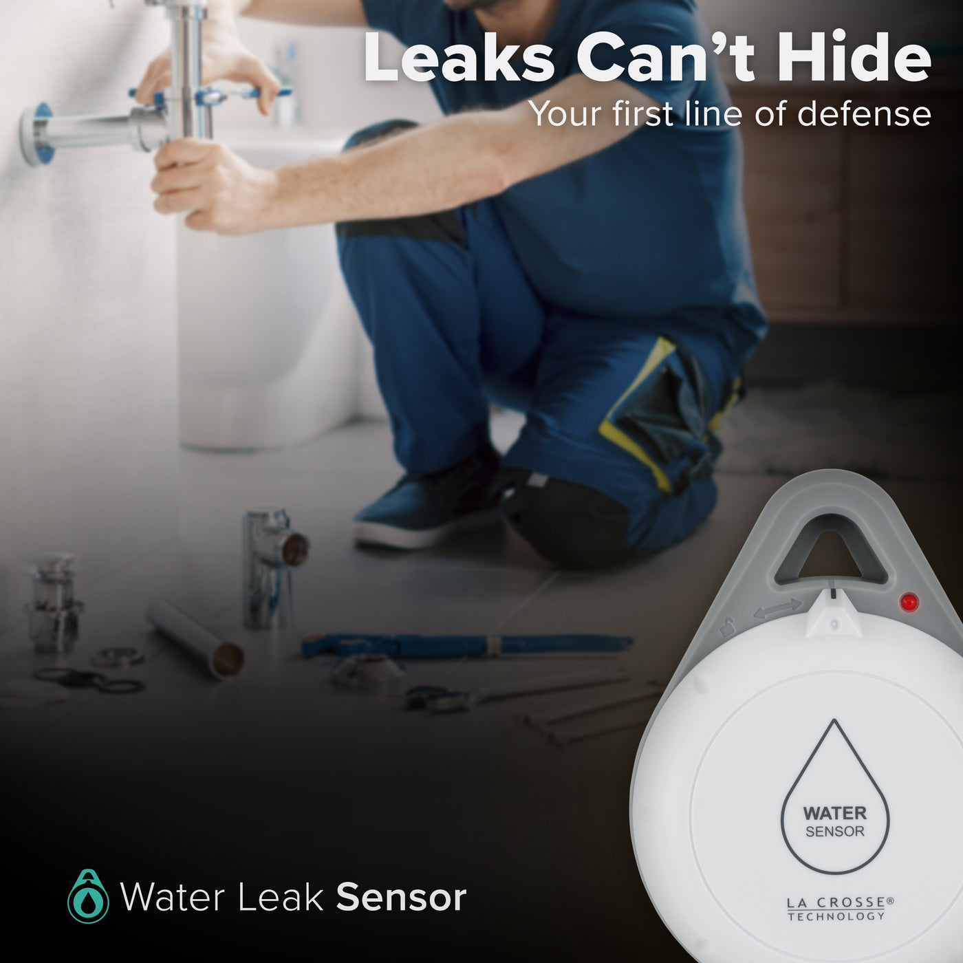 Alert and monitoring system water leak spot detection sensor showing a man in the background fixing the pipes under a sink in a bathroom