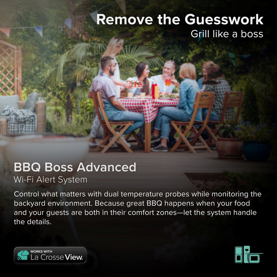 BBQ Boss alert and monitioring system with indoor outdoor sensor showing a backyard party of friends gathered around a table enjoying the outdoors