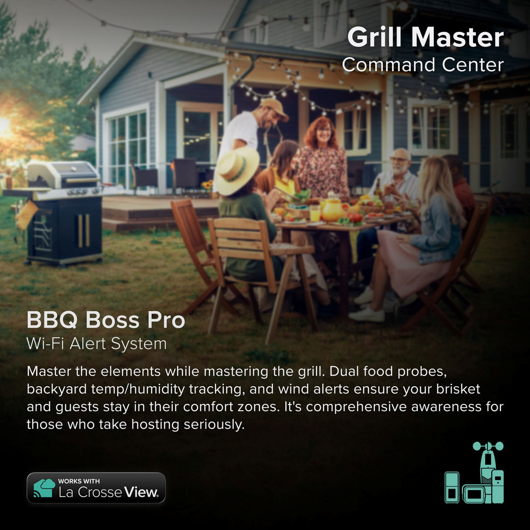 BBQ Boss alert and monitoring system with dual probes to monitor two things at one time includes the Glide wind sensor, an indoor outdoor sensor to keep an eye on the temperature and humidity of the environment works with a Bridge gateway and the La Crosse View app