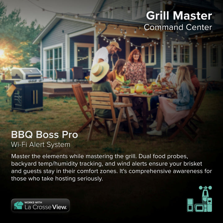 BBQ Boss alert and monitoring system with dual probes to monitor two things at one time includes the Glide wind sensor, an indoor outdoor sensor to keep an eye on the temperature and humidity of the environment works with a Bridge gateway and the La Crosse View app