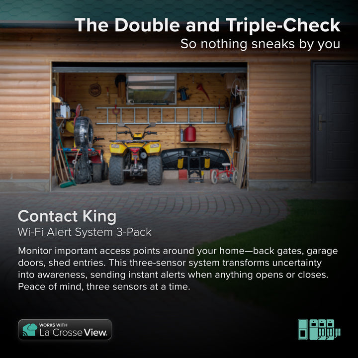 Contact King alert and monitoring system with 3 contact sensors with ambient temperature and humidity shoiwing an open shed with tools an atv bike and other outdoor toys the sensors help you to be informed if a drawer, door, or gate is opened or closed works with a Bridge gateway and the La Crosse View app