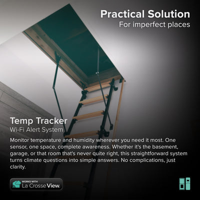 Temp tracker alert and monitoring system featuring the use case of an attic crawl space accessible via a ladder through the ceiling the system offers the ability to monitor an area inside or outside your home with a temperature and humidity sensor that combines with the Bridge gateway and the La Crosse View app