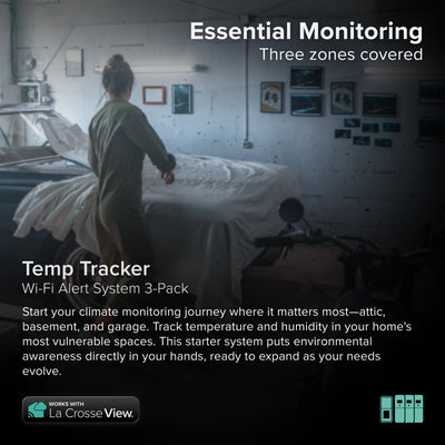 Temp Tracker alert and monitoring system offers the ability to monitor multiple areas of your home inside and out with 3 temp and humidity sensors all sensors, showing an image of a garage with a female uncovering a classic car and the hint of a motorcycle in the foreground, all sensors work with the Bridge gateway and the La Crosse View app