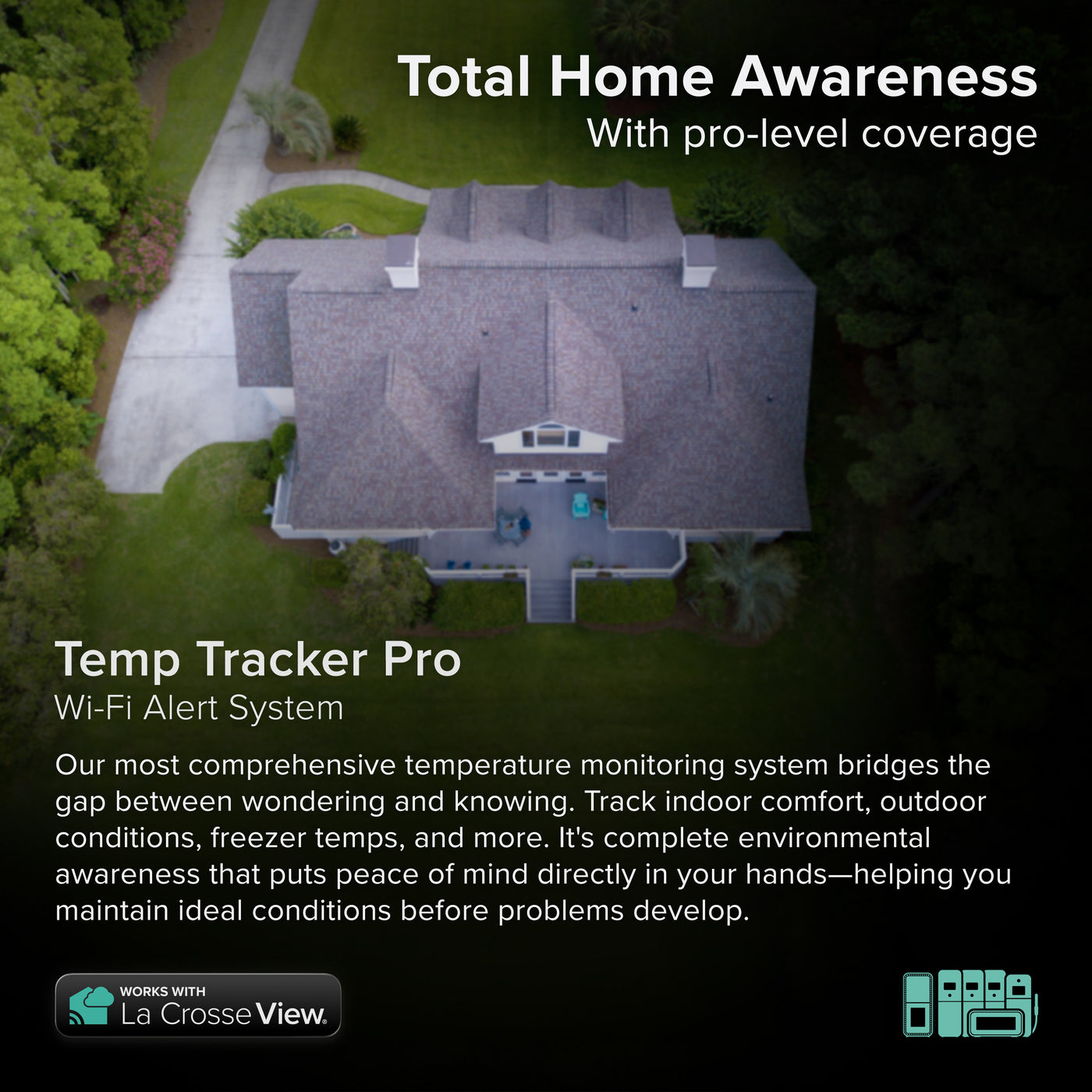 Total home awareness with the temp tracker pro alert and monitoring system with three indoor outdoor temperature and humidity sensors a temperature probe sensor and an interior comfort meter that all work with the Bridge gateway and the La Crosse View app with an image in the back gorund showing an aerial view of a large home on a large property and the sensor icons displayed in the bottom right corner