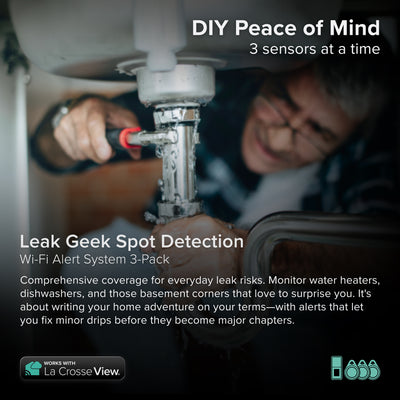 Leak Geek alert and monitoring system helps detect water in trouble spots with 3 spot water detection sensors that works with the Bridge gateway and the La Crosse View app this image pictures an older man fixing a water leak under a sink