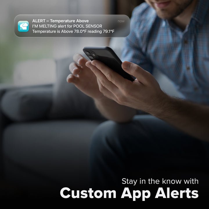 La Crosse Technology Alert and Monitoring system with a male receiving a message on their smartphone of an alert that their swimming pool temperature had reached outside of their set parameters for temperature and text that says stay in the know with Custom Alerts