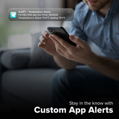 La Crosse Technology Alert and Monitoring system with a male receiving a message on their smartphone of an alert that their swimming pool temperature had reached outside of their set parameters for temperature and text that says stay in the know with Custom Alerts