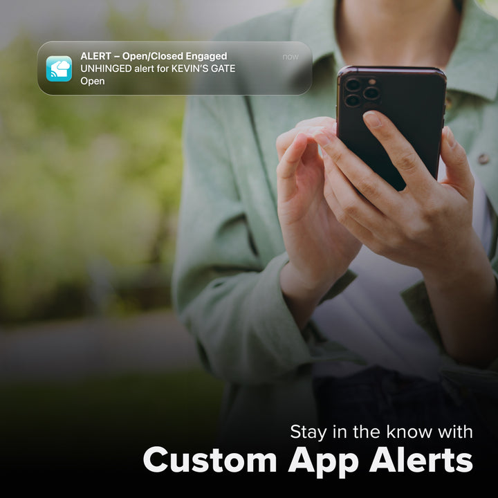 La Crosse Technology Alert and Monitoring system with a male receiving a message on their smartphone of an alert that their open close contact sensor detected a gate had opened with text that says stay in the know with Custom Alerts