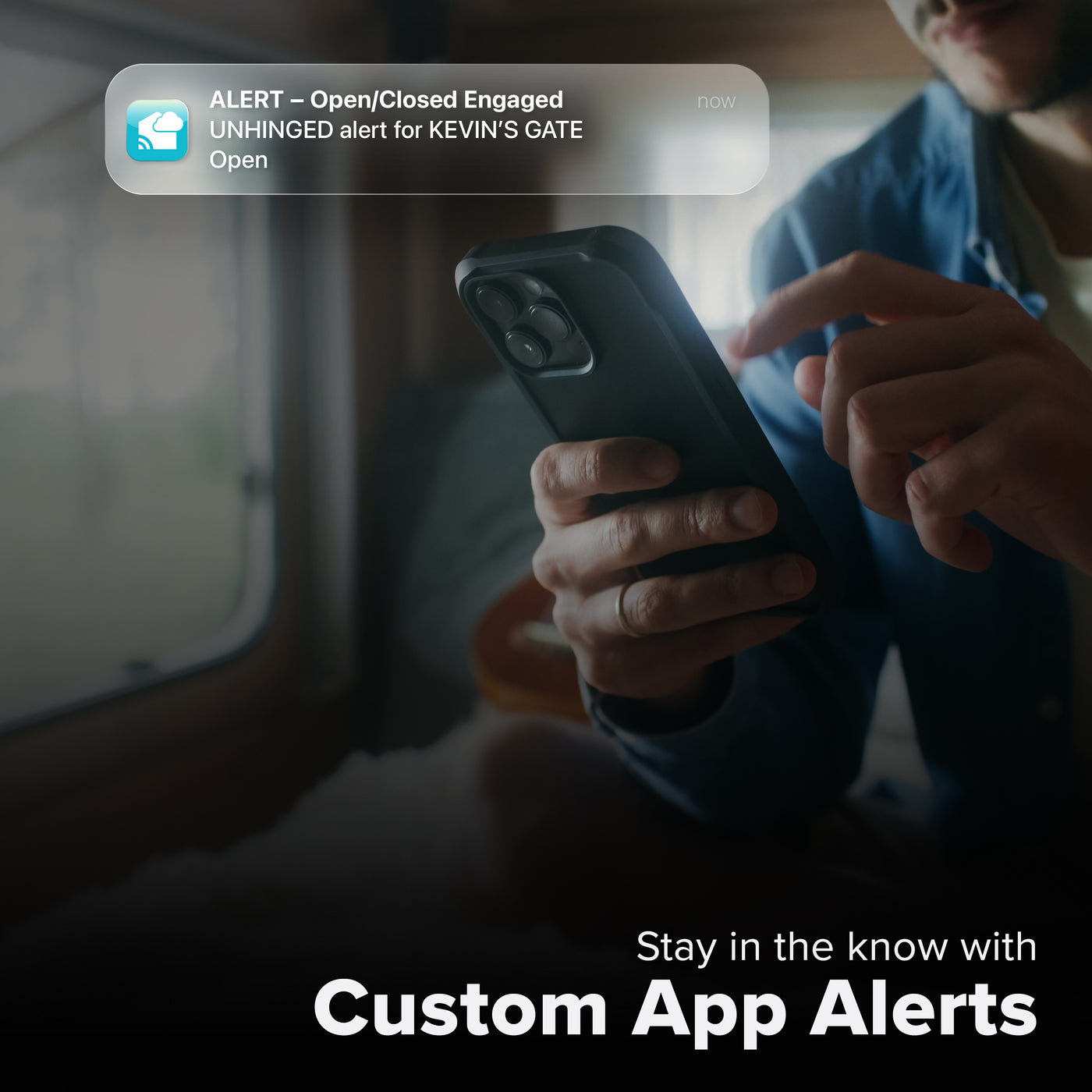 La Crosse Technology Alert and Monitoring system with a male receiving a message on their smartphone of an alert that their open close contact sensor detected a gate had opened with text that says stay in the know with Custom Alerts
