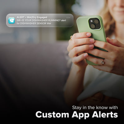 La Crosse Technology Alert and Monitoring system with a female receiving a message on their smartphone of a water leak alert that the sensor detects wet ir swimming pool temperature had reached outside of their set parameters for temperature and text that says stay in the know with Custom Alerts