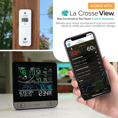 1684344 This C74443 station works with the La Crosse View app to help you stay connected to your home anytime, anywhere. Monitor your home environment and set custom alerts to notify you when conditions change.