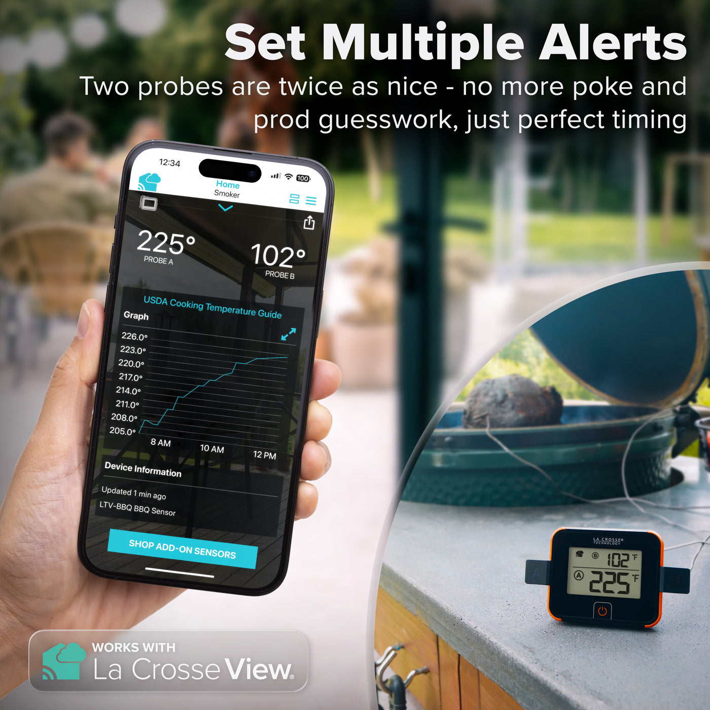 Alert and monitoring system barbeque sensor with dual probes that works with wi-fi weather stations and gateways that has an LCD display showing 225 degrees Fahrenheit and a second reading of 102 degrees fahrenheit sitting next to a green egg clay smoker with a backyard in the back ground and a smartphone with the bbq meat thermomter readings and a graph of data points from the sensor readings