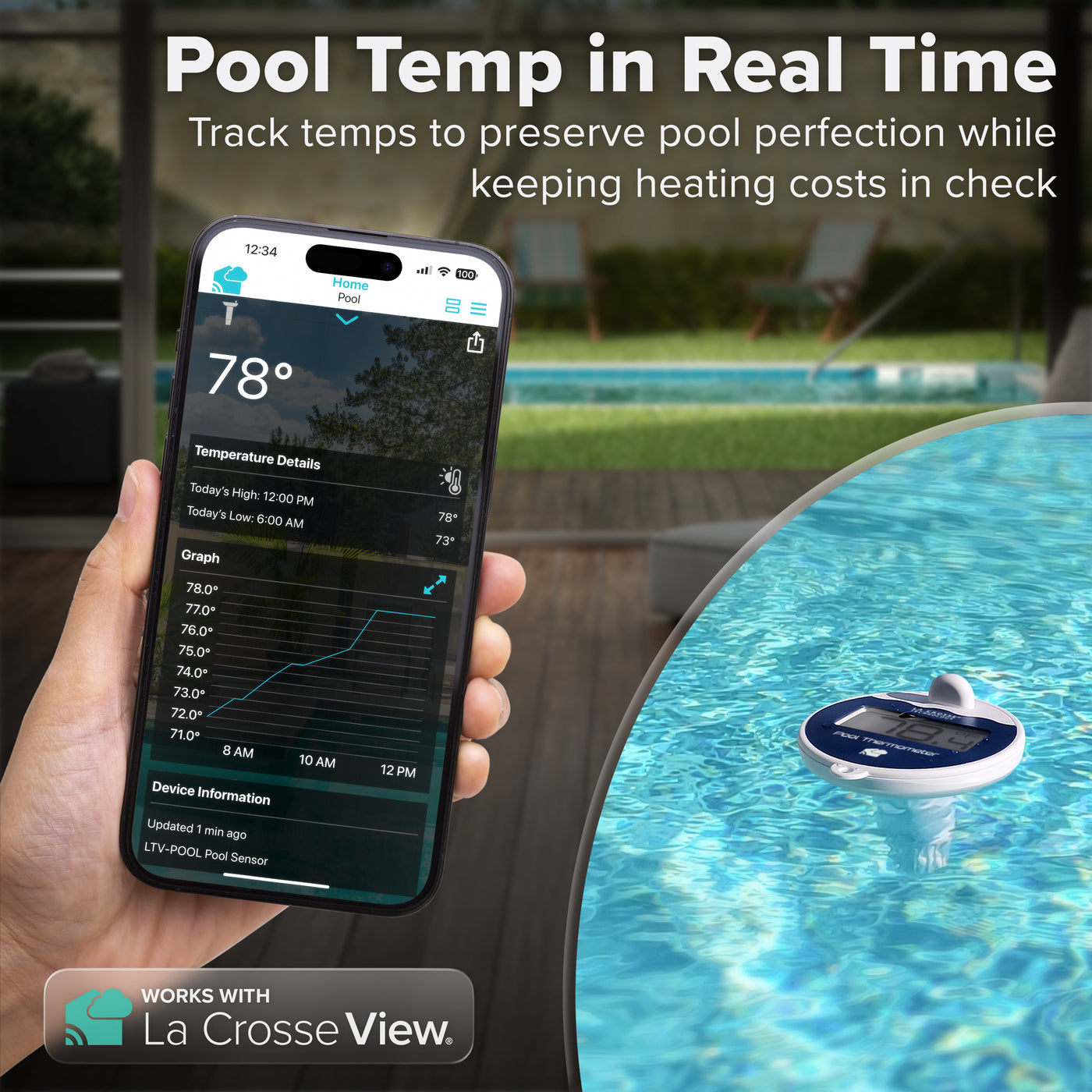 Alert and monitoring system digital pool sensor for wi-fi weather stations and gateways that has an LCD display showing 78.4 degrees Fahrenheit floating in a pool and a smart phone showing the reading of the temperature  and a graph of data points from the sensor readings