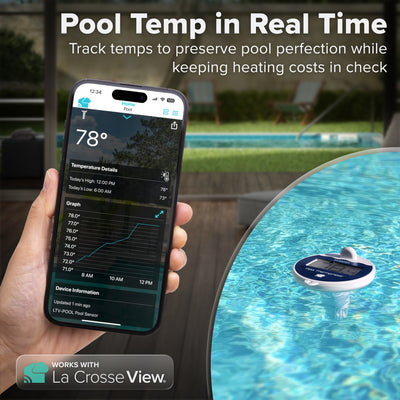 Alert and monitoring system digital pool sensor for wi-fi weather stations and gateways that has an LCD display showing 78.4 degrees Fahrenheit floating in a pool and a smart phone showing the reading of the temperature  and a graph of data points from the sensor readings