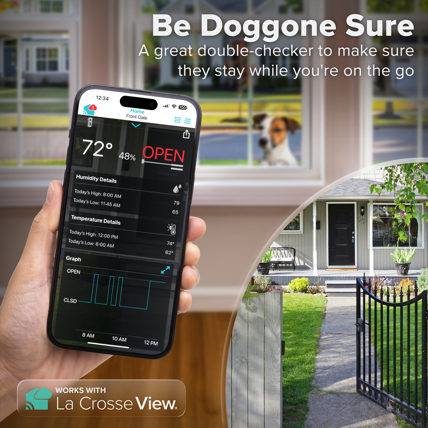 Alert and monitoring system open close sensor readings on a smart phone showing the status of OPEN and the temperature and humidity readings with a graph of data points from the sensor readings next to an image of an open gate and the inside of a house with windows looking outside with a dog looking in indicating he escaped the house