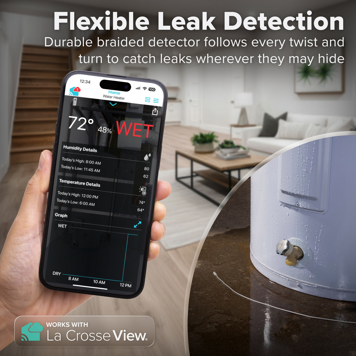 Alert and monitoring system water leak area detection sensor with ambient temperature and humidity for wi-fi weather stations and gateways that shows the cabled water leak sensor at the base of a water heater that is leaking in the foreground and an image of a finished living room in the basement of a home in the background with a a smart phone showing the ambient temperature and humidity and the water eak detection sensor showing WET with a graph of data points from the sensors readings