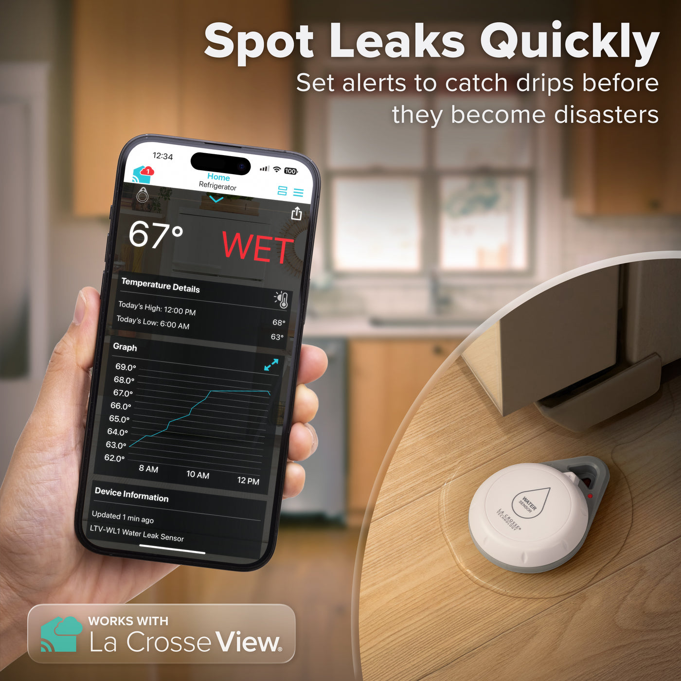 Alert and monitoring system spot water leak sensor with ambient temperature shown on a floor with a puddle of water n the foreground with an image of a kitchen in the background with a smart phone showing the temperature at 67 degrees fahrenheit and a WET reading with a graph of data points from the sensors readings
