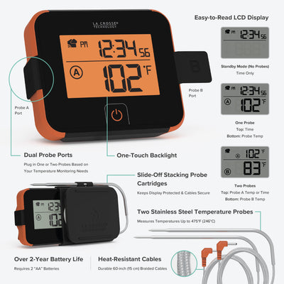 Angled view of an orange and black barbeque sensor with dual probes and cable management cartiridge for use with the La Crosse Technology alert and monitoring system showing an LCD screen with orange glow backlight reading 102 degrees Fahrenheit and time 12:34:56 pm also featured are close ups of additional LCD screen readings and feature call out text