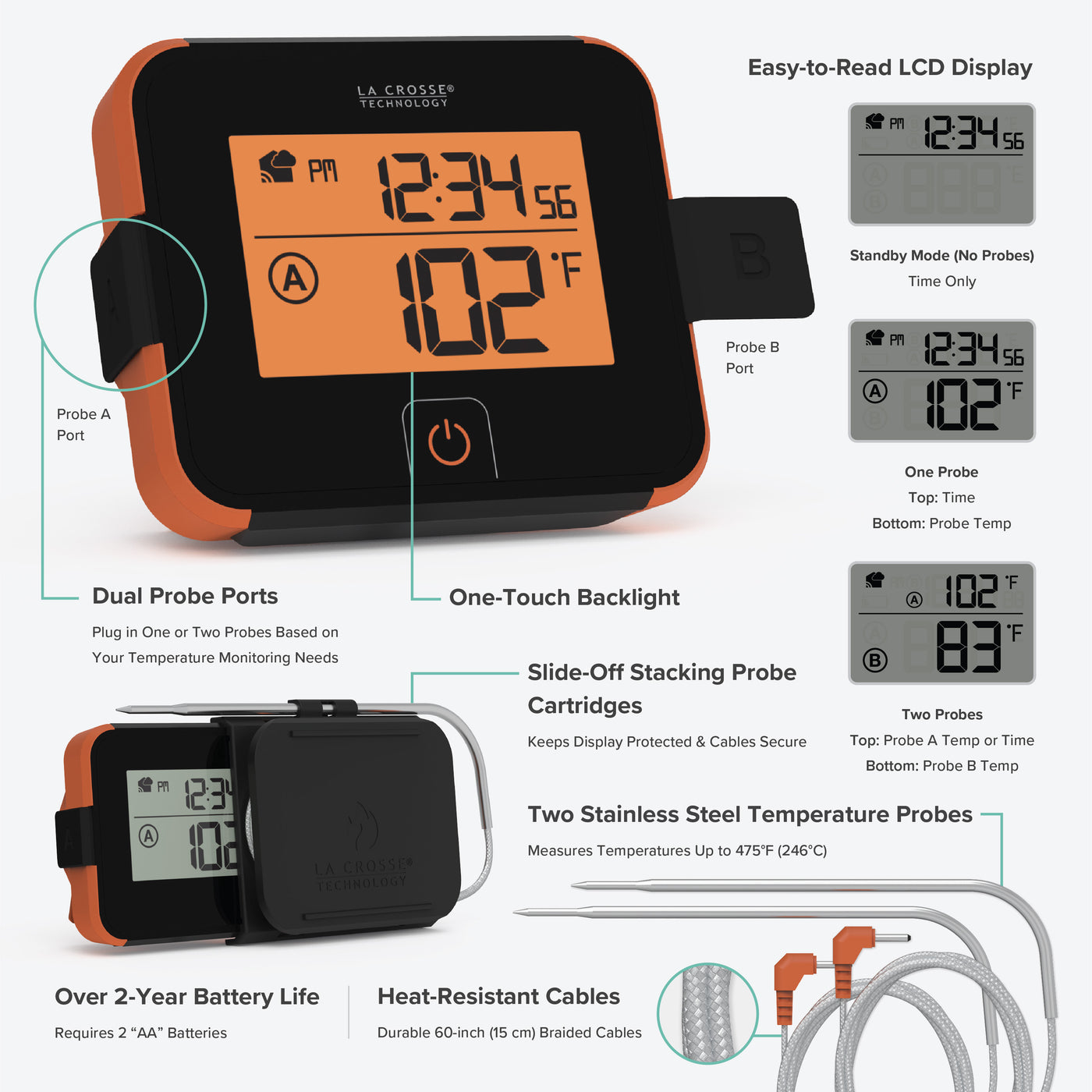 Angled view of an orange and black barbeque sensor with dual probes and cable management cartiridge for use with the La Crosse Technology alert and monitoring system showing an LCD screen with orange glow backlight reading 102 degrees Fahrenheit and time 12:34:56 pm also featured are close ups of additional LCD screen readings and feature call out text