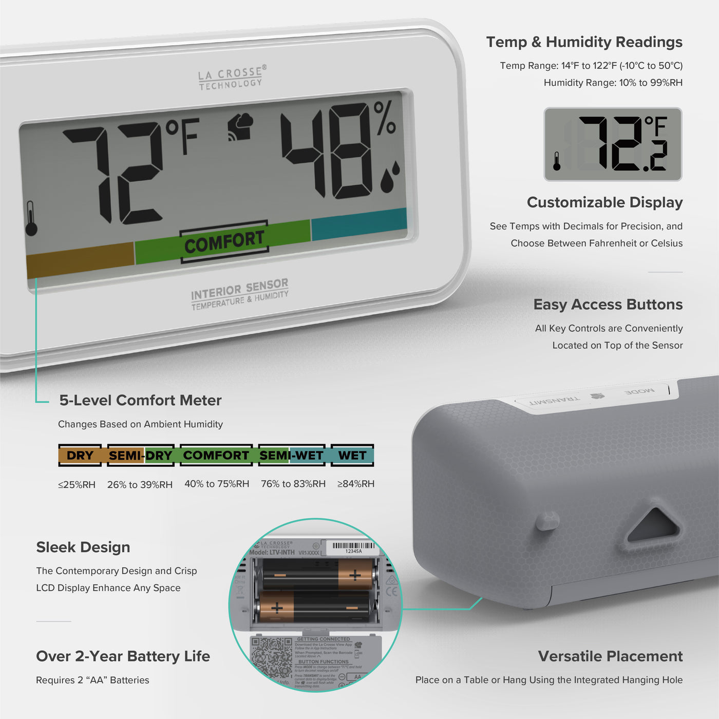 Angled front view, back view and the battery compartment of a white and gray La Crosse Technology alert and monitoring system interior temperature and humidity sensor showing an LCD screen reading 72 degrees Fahrenheit 48 percent humidity with a multi color comfort meter that represents five levels dry, semi-dry, comfort, semi-wet, and wet with additonal feature call out text