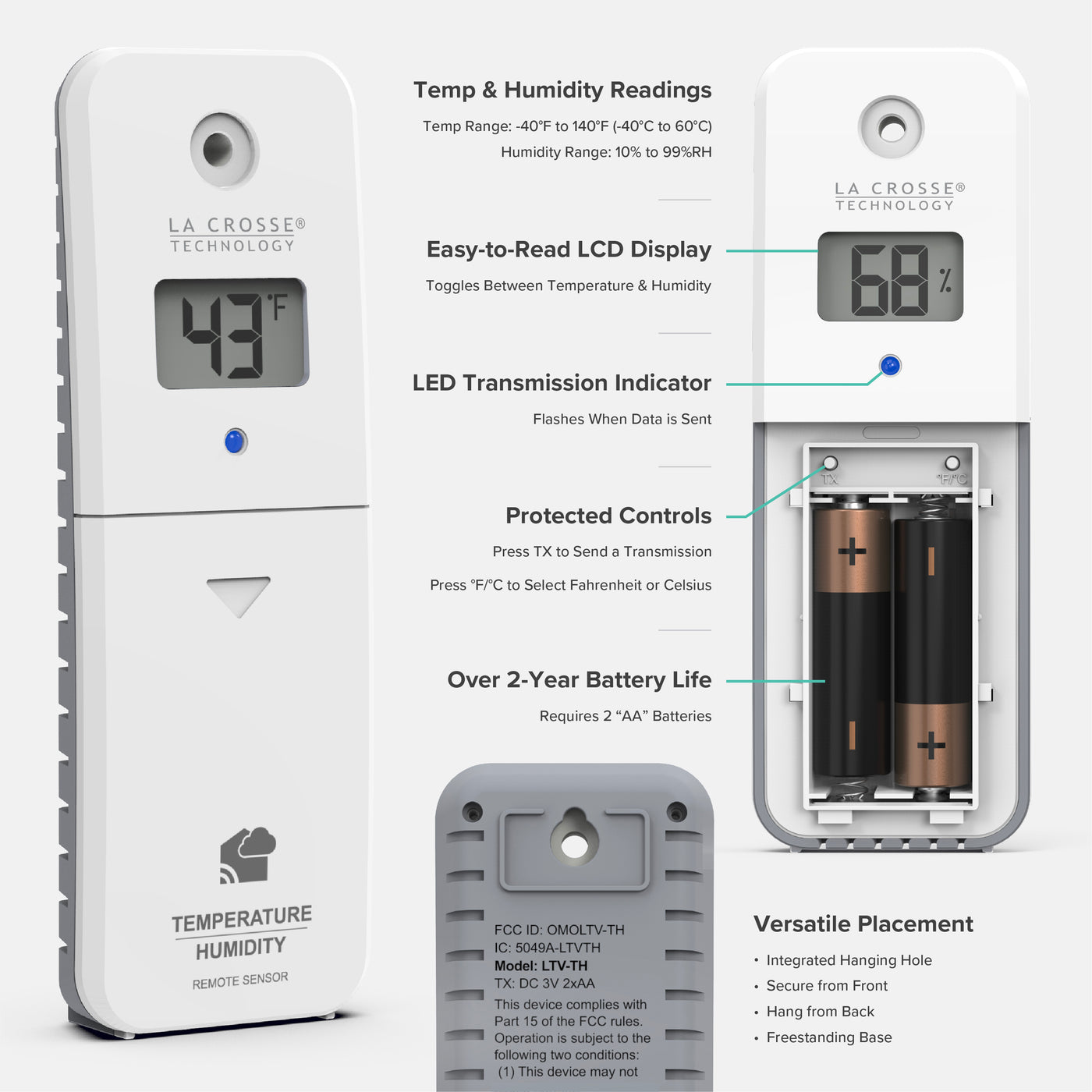 Angled front view back view and front view showing the battery compartment removed of a white and gray La Crosse Technology alert and monitoring system temperature and humidity sensor showing an LCD screen reading 43 degrees Fahrenheit and the second LCD screen showing 68 percent humidity the image has feature call out text