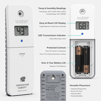 Angled front view back view and front view showing the battery compartment removed of a white and gray La Crosse Technology alert and monitoring system temperature and humidity sensor showing an LCD screen reading 43 degrees Fahrenheit and the second LCD screen showing 68 percent humidity the image has feature call out text