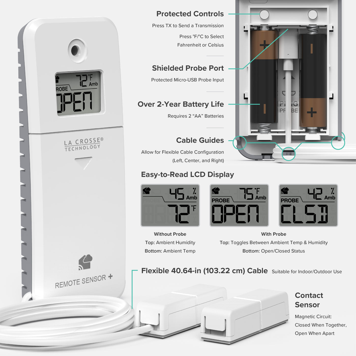 Angled front view and view showing the battery compartment of a white and gray La Crosse Technology alert and monitoring system open close contact sensor showing an LCD screen reading OPEN and the ambient temperature at 72 degrees Fahrenheit, feature call out text, three close ups of the LCD screen readings, and the cable with a white rectangle magnetic contact sensors attached and one white rectangle magnetic contact sensor alone