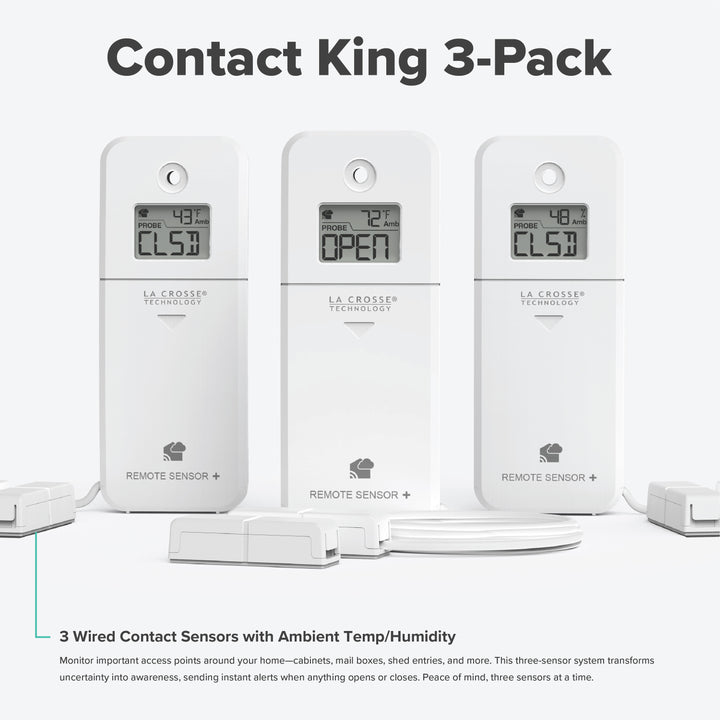 Contact King alert and monitoring system with three contact sensors with ambient temperature and humidity to be informed if a drawer, door, gate is opened or closed works with a Bridge gateway and the La Crosse View app with promoional text