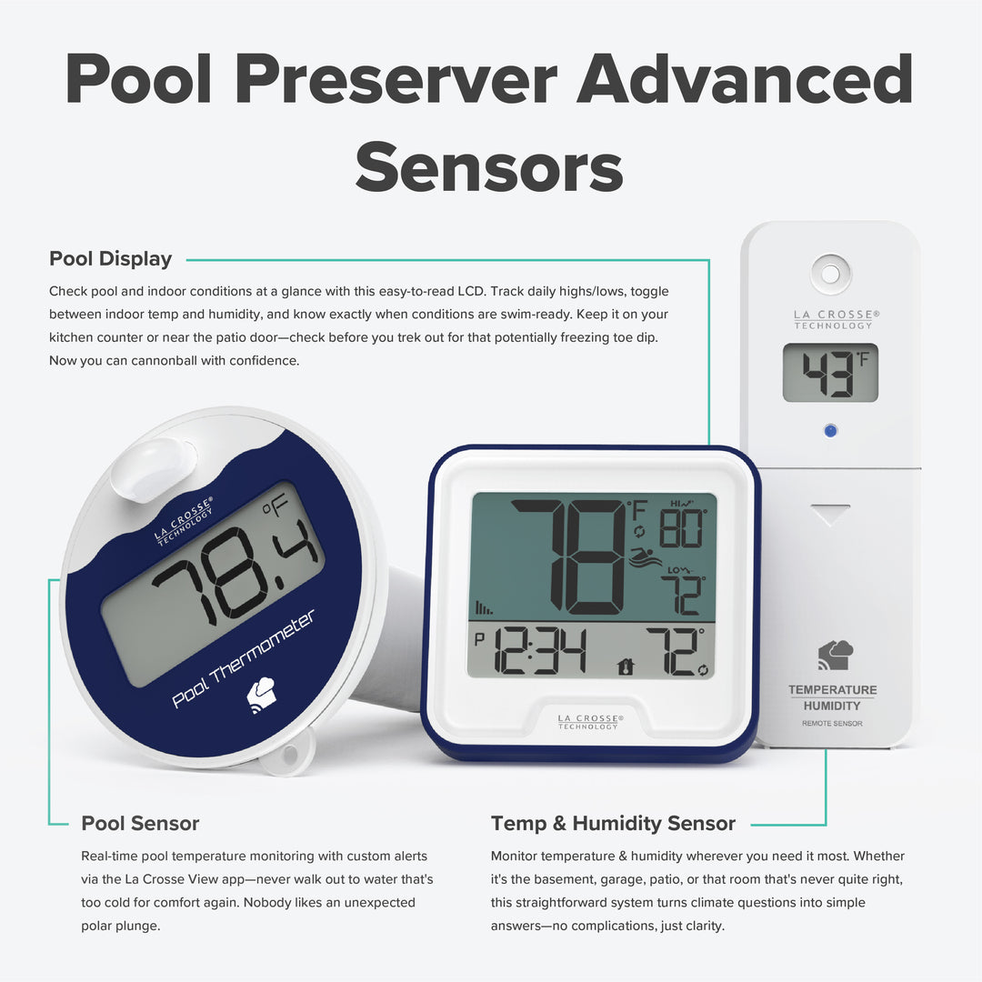 Pool Preserver Advanced Sensors text headline on an image of the Pool Preserver alert and monitoring system sensors. The image includes text callouts highlighting the features of the pool sensor, the indoor pool display, and the temperature and humidity sensor.