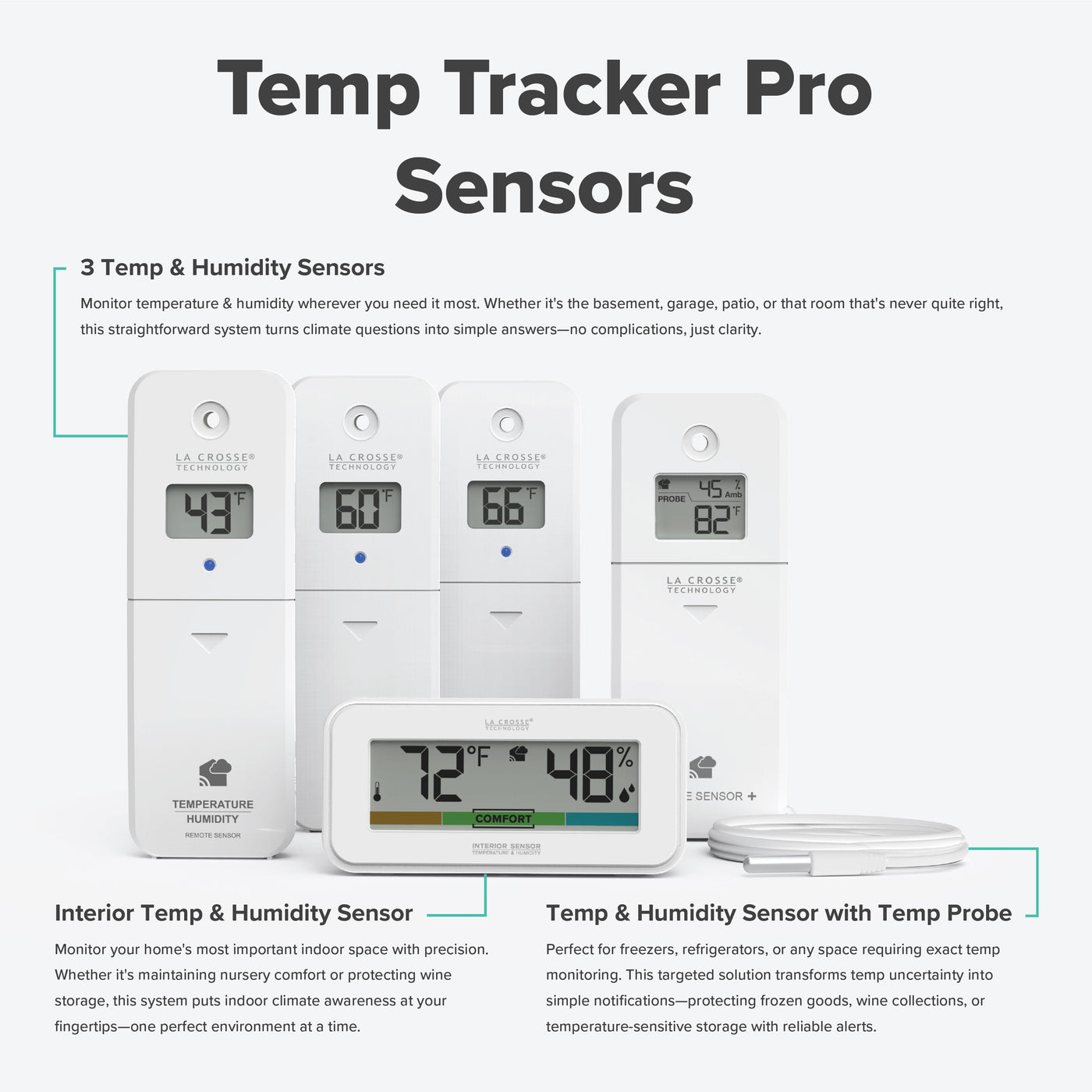 image of the Temp Tracker alert and monitoring system offers the ability to monitor multiple areas of your home inside and out with 3 temp and humidity sensors, a temperature probe cable sensor, and an decorative indoor temp and humidity display with comfort meter, all sensors work with the Bridge gateway and the La Crosse View app with additional feature text